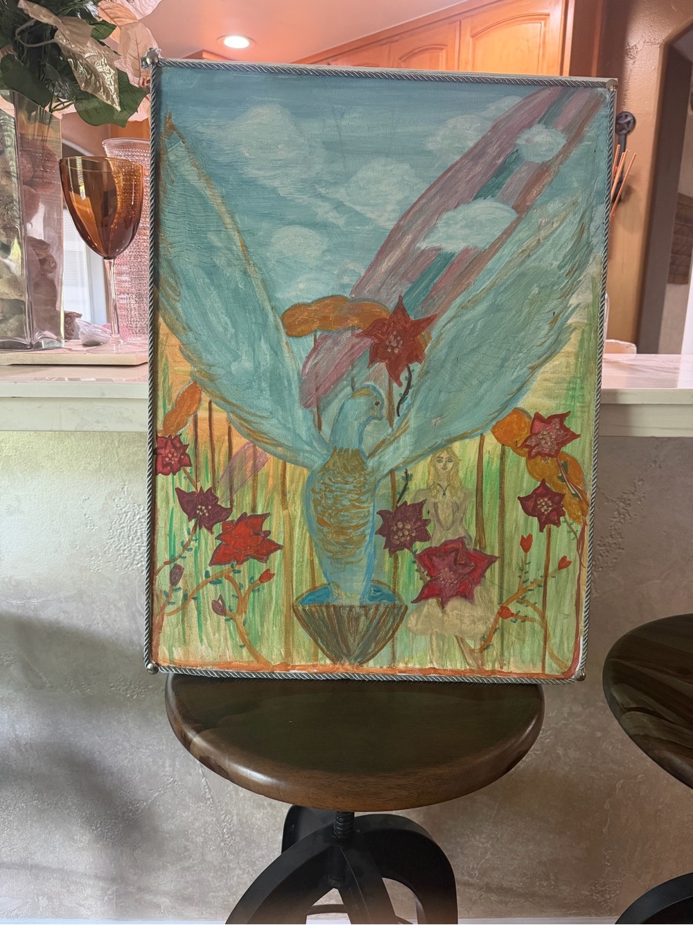 Hand-Painted Blue Winged Figure Floral Canvas - Home Art